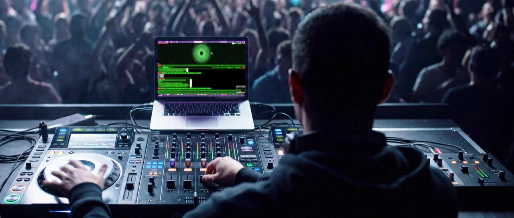 A DJ mixing with Chat DJ running on the laptop