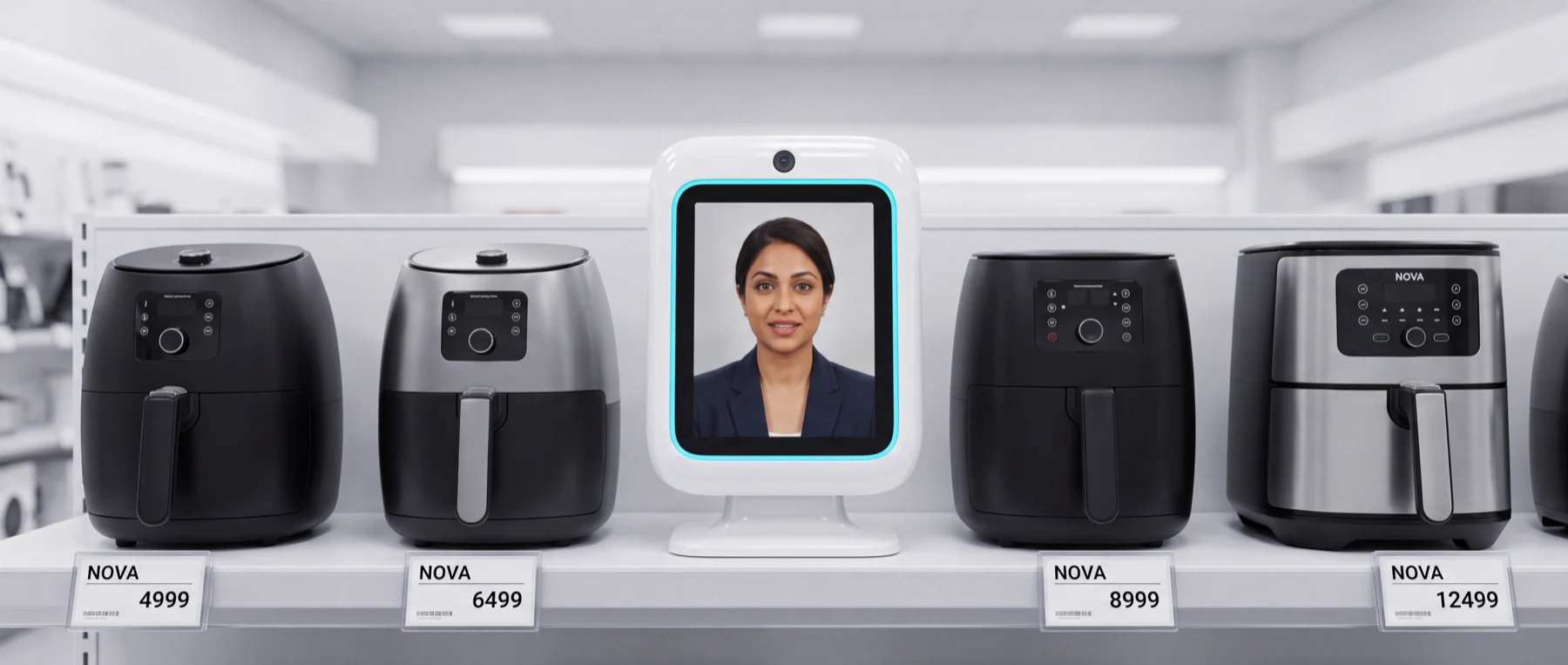 A DigiSapien assistant mounted on an appliance shelf in a store