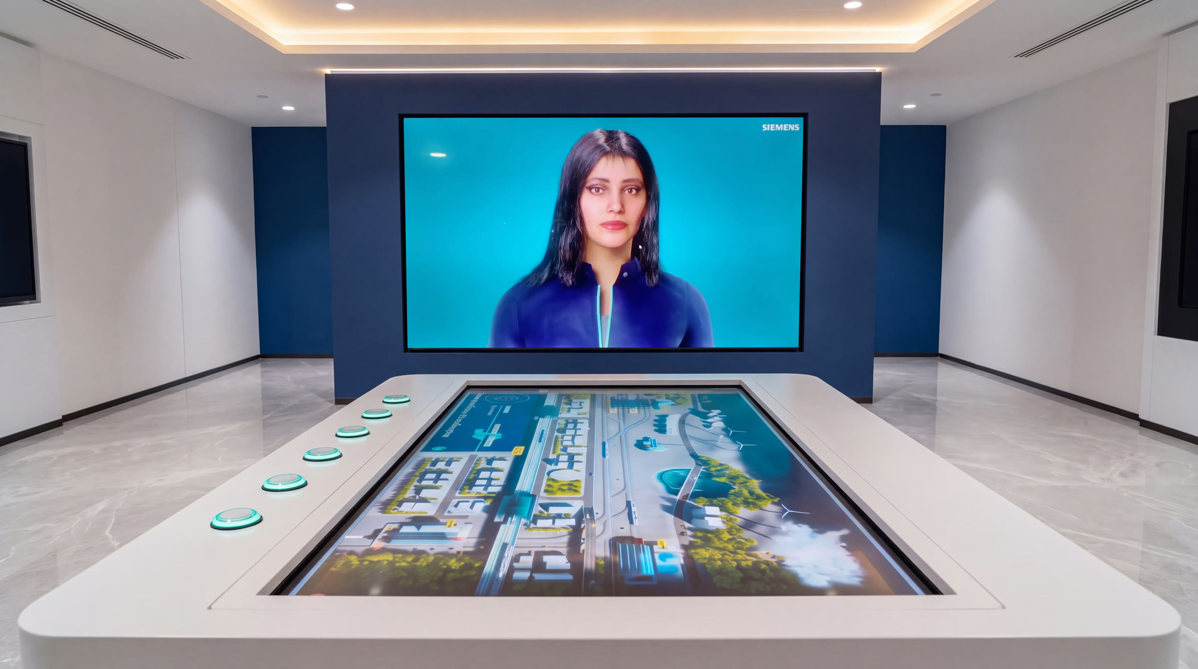 DigiSapien technical sales agent on the wall screen of the Siemens Rail Automation India experience centre, with a multitouch tactile table in the foreground