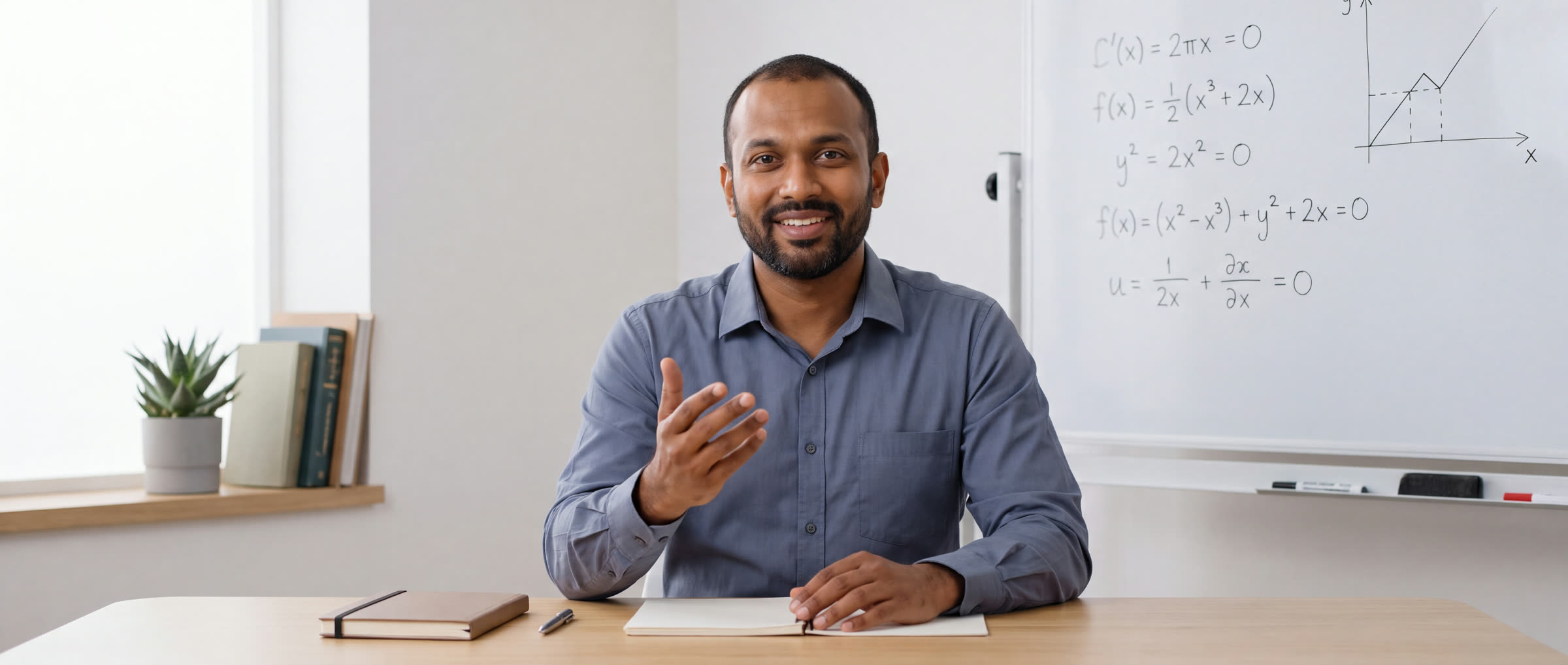 An Indian tutor mid-lesson at his desk, speaking to camera