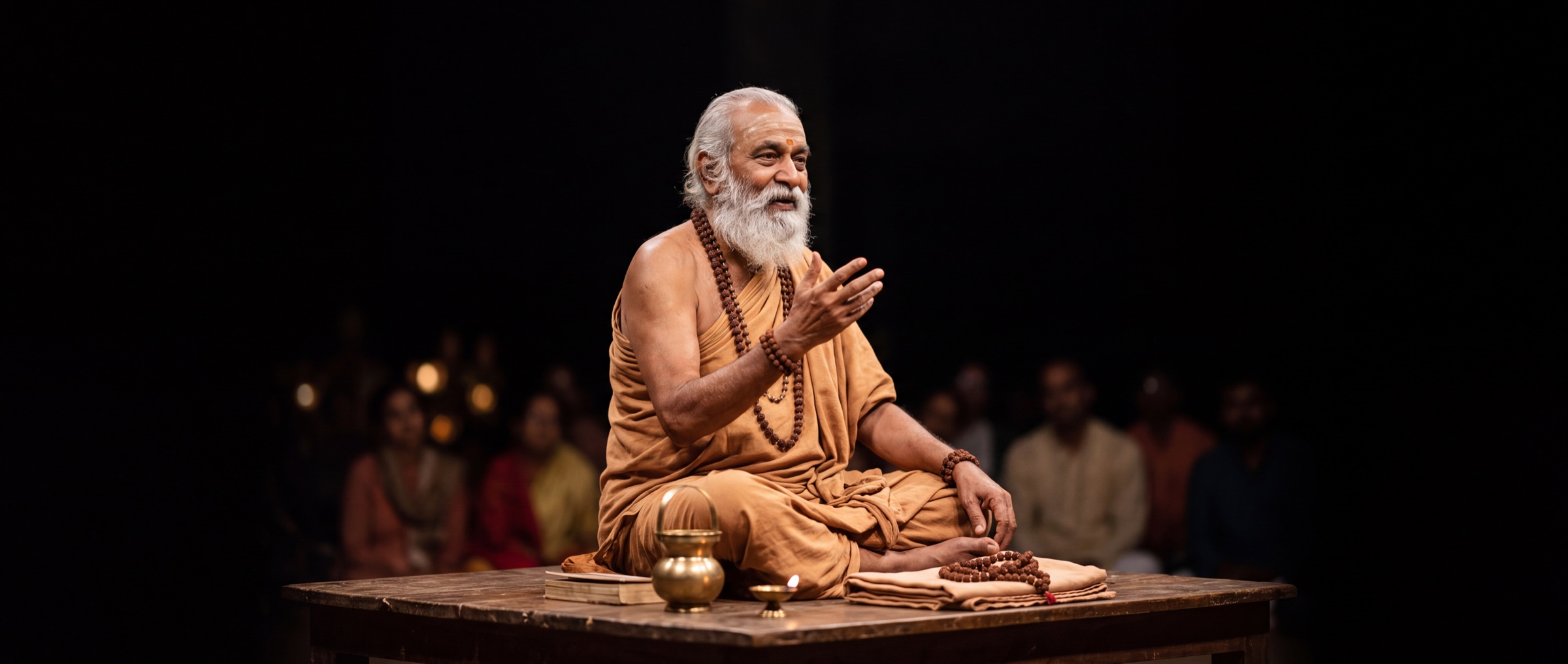 An acharya mid-discourse, seated before a small audience